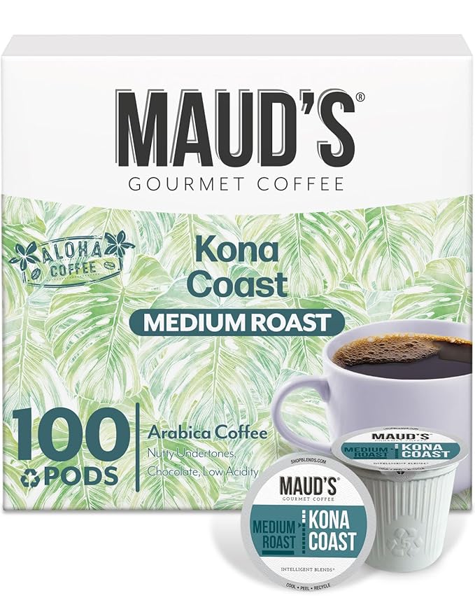 Maud's Kona Coffee Pods, 100 ct, Medium Roast Coffee in Recyclable Single Serve Pods – 100% Arabica Coffee, Compatible with Keurig K Cups Maker