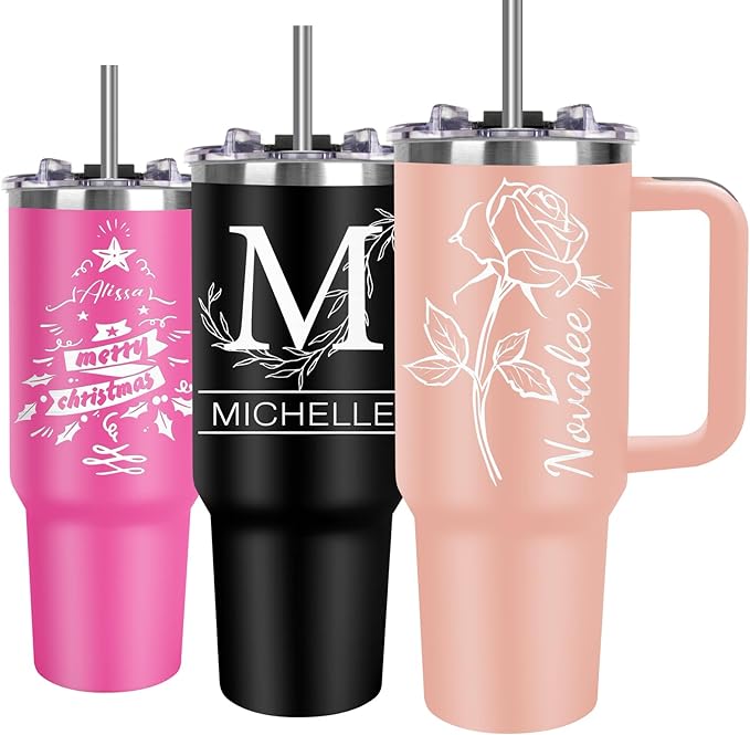 Personalized Tumblers with Engraved Name, Personalized Birthday Gifts for Men Women, Custom 40oz Stainless Steel Coffee Tumbler with Lids and Straws, Custom Travel Cup (40oz Engraved Tumbler)