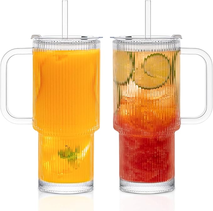 KEMORELA 2-Pack 26oz Ribbed Glass Tumblers with Handle & Lid – Large Iced Coffee Cups with Straws, Aesthetic Glass Mugs for Cold & Hot Drinks, Reusable Smoothie & Tea Cups (2PCS Ribbed Tumblers)