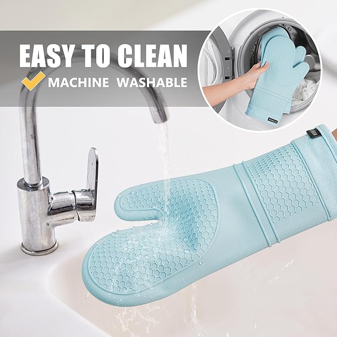 Rorecay 6pcs Oven Mitts and Pot Holders Sets, Extra Long Silicone Oven Gloves Heat Resistant 500 Degrees Non-Slip Potholders Hot Pads for Kitchen Baking Cooking, Quilted Liner, Winter Sky