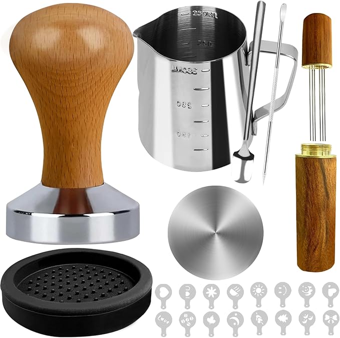 22Pcs Espresso Accessories Kit, 51mm Tamper Tool Espresso, Coffee Tamper with Espresso WDT Tool, Tamper Mat, Coffee Stirrer, Frothing Pitcher, Latte Art Pen and 16 Coffee Stencils, Latte Art Kit