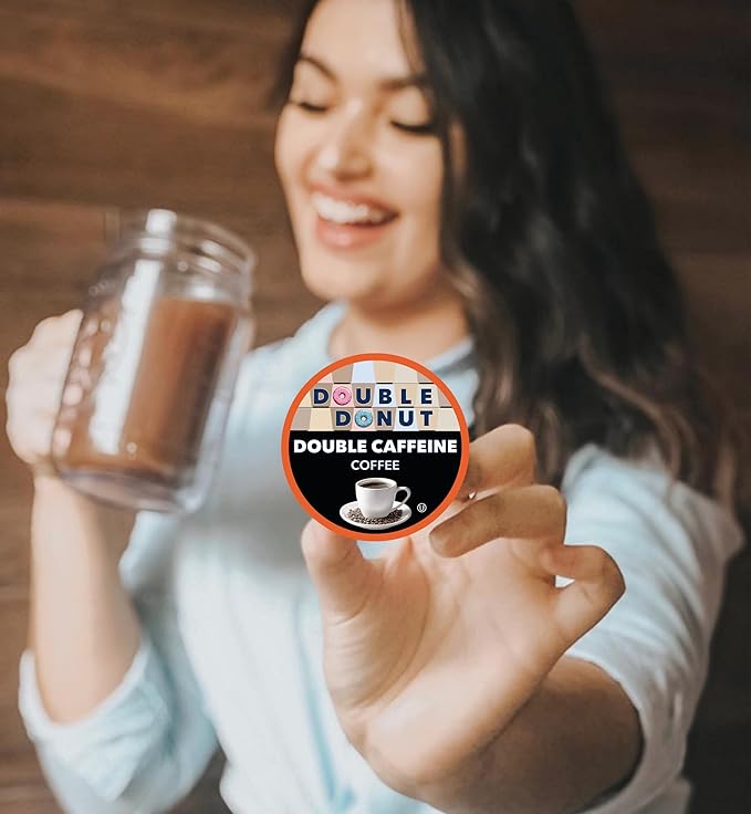 Double Donut Coffee High Caffeine Coffee Pods, Extra Strong Double Caffeine Coffee Cups for Keurig K Cup Brewer Machines Single Serve Dark Roast Coffee, 24 Count
