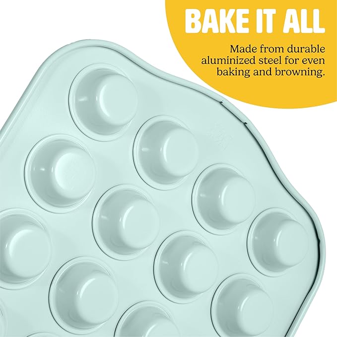 Tasty Clean Ceramic 24-Cup Mini Muffin Pan, Durable Aluminized Steel for Professional Results, Clean Ceramic Nonstick Coating, Oven Safe to 425°F, Dishwasher Safe, Aqua