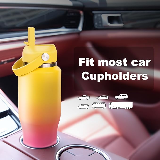 32oz Insulated Water Bottle, Fit in Any Car Cup Holder, Water Bottle with Straw Lids, Stainless Steel Insulated Water Flask Double Wall Leak-proof BPA Free to Keep Cold&Hot