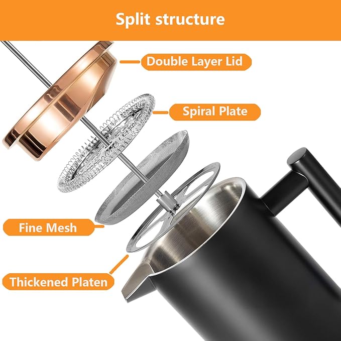 Small French Press 350ml Black, Double-Wall Insulated French Press Coffee Press Stainless Steel for travel camping, Single Cup Pour Over Coffee Maker Black(1 cup, 12 OZ)