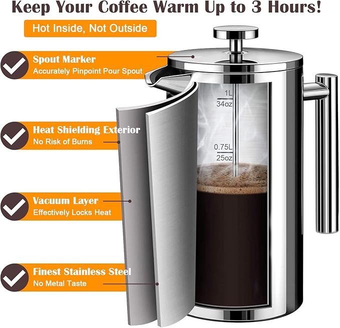 French Press Coffee Maker, Double Insulated 304 Stainless Steel Coffee Tea Maker 4 Level Filtration System, No Coffee Grounds, Rust-Free, Dishwasher Safe, 1000ml