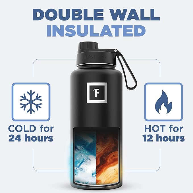 IRON °FLASK Camping & Hiking Hydration Flask with 3 Lids - Stainless Steel, Double Walled & Vacuum Insulated Water Bottle - Leak Proof & BPA Free (Twilight Blue, Spout - 32 oz)