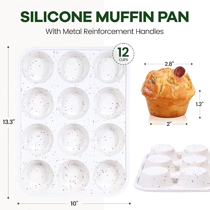 Muffin Pan - 12 Cups Silicone Muffin Pan Non-Stick Food Grade Silicone Cupcake Pan for Muffins,Tart, BPA Free - Standard Cup Size - Diameter 2.8" Depth 1.2" - 1 Piece Cream with Rainbow Dots