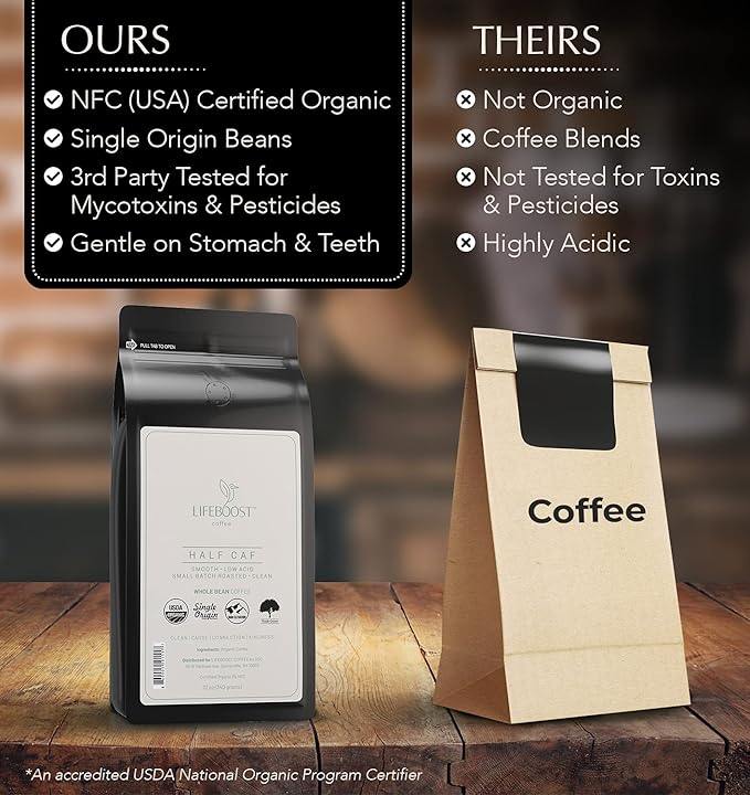 Lifeboost Half Caff Whole Bean Coffee - Non-GMO Low Acid Single Origin USDA Organic Coffee - Third Party Tested For Mycotoxins & Pesticides - 12 Ounces