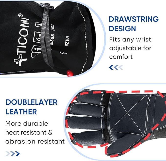 TICONN Welding Gloves, 1000°F Heat-Resistant Fireproof Leather Gloves for Welders, Stick, Forge, Mig, Tig, BBQ, Baking, Oven
