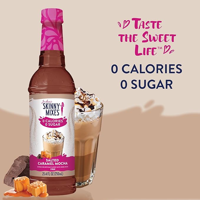 Jordan's Skinny Syrups Sugar Free Coffee Syrup, Salted Caramel Mocha Flavor Drink Mix, Zero Calorie Flavoring for Lattes, Protein Shake, Food & More, Gluten Free, Keto Friendly, 25.4 Fl Oz, 1 Pack