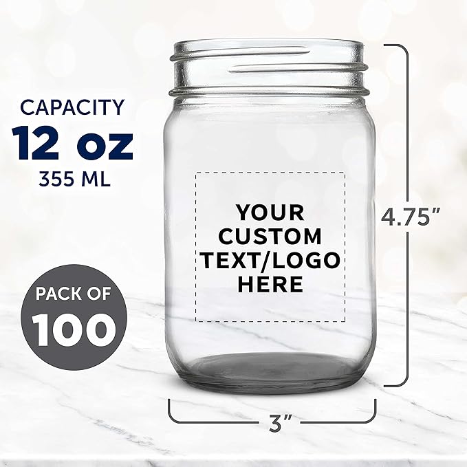 DISCOUNT PROMOS Custom Decorating Mason Jars 12 oz. Set of 100, Personalized Bulk Pack - Glass Jars for Overnight Oats, Candies, Fruits, Pickles, Spices, Beverages - Black