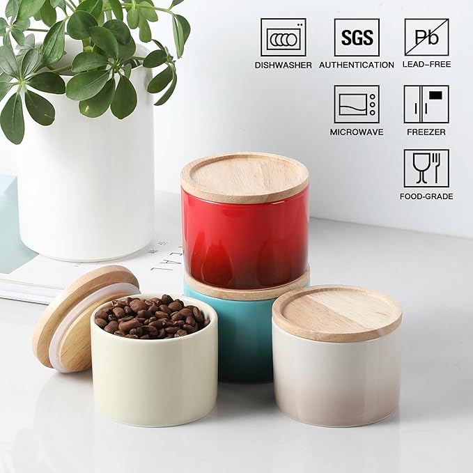 Sweejar Kitchen Canisters Ceramic Food Storage Jar, Stackable Containers with Airtight Seal Wooden Lid for Serving Ground Coffee, Tea, Sugar, Spice and More - 5 Fl Oz(Gradient Red)