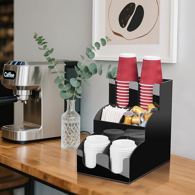 MYITYARD Coffee Station Organizer, Coffee Cup Holder for Countertop, Cup and Lid Dispenser with 6 Compartment, Cup and Condiment Station for Home, Kitchen, Office and Breakroom