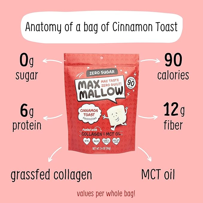 Max Mallow Sugar Free Marshmallows - Keto Friendly, Perfect for S'mores, Hot Chocolate, and Baking with Zero Sugar Snacks, Smores Mct Oil Zero Sugar Marshmellow Marshmallow Cinnamon Toast, 3 Pack