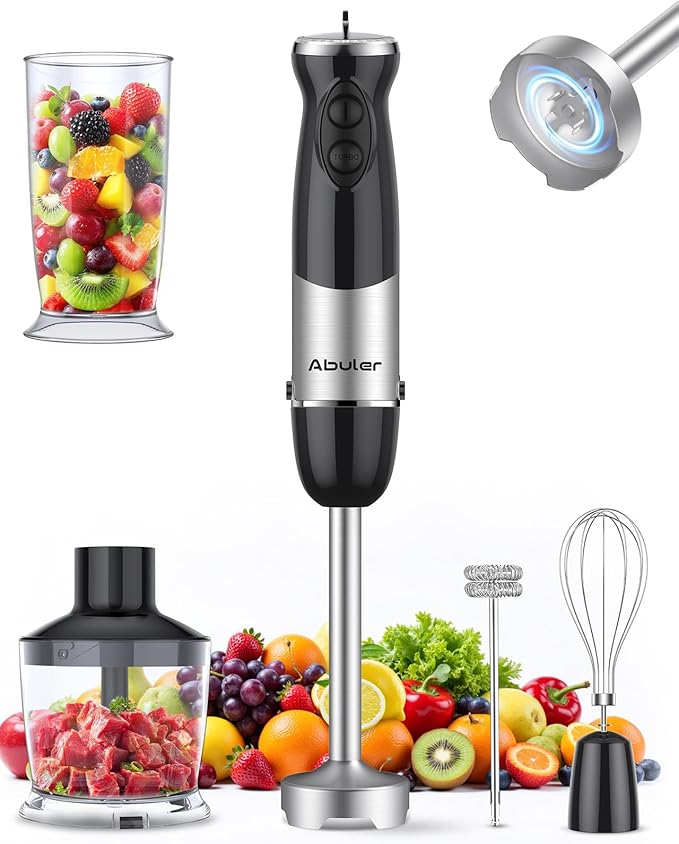 Immersion Blender Handheld 1000W 5 in 1 Corded Stick Hand Blender Kitchen with 12 Speed, BPA-Free, Mixing Beaker, Chopper, Whisk, Milk Frother, Perfect Emulsifier for Soup, Baby Food, Sauce, Puree