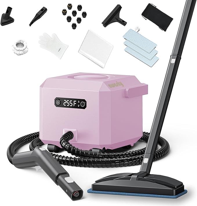 Steam Cleaner: 1650W, Fast 50-Sec Heat-Up-21-Piece Kit Refill Anytime-No Cooling-Detachable Hose Steamer Mop for Home Use Car Bed Furniture Bathroom Tile Grout Floor Cleaning And More Pink
