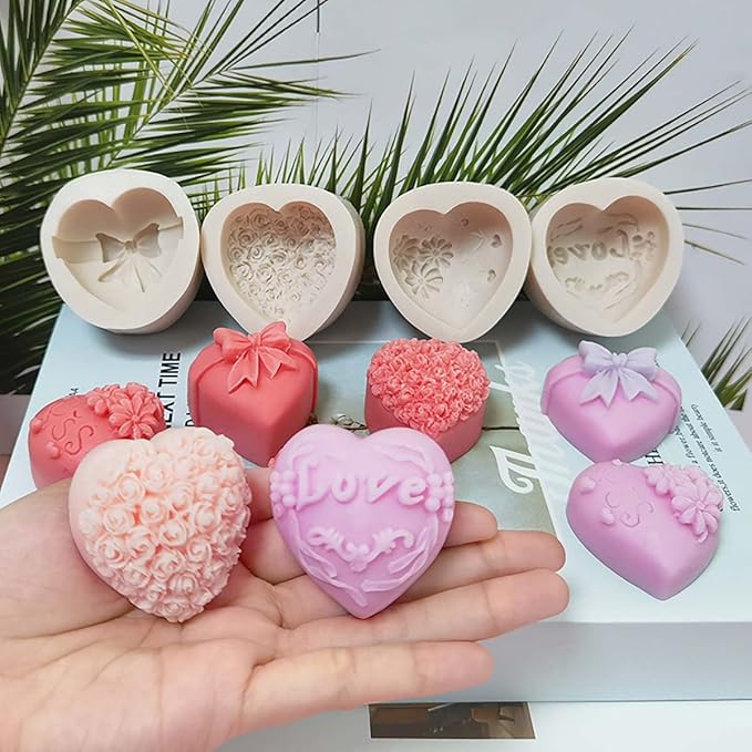 4 Pack Heart Resin Rose Flower Silicone Mold for Candle, Cake, Soap, Candy - Round Shape