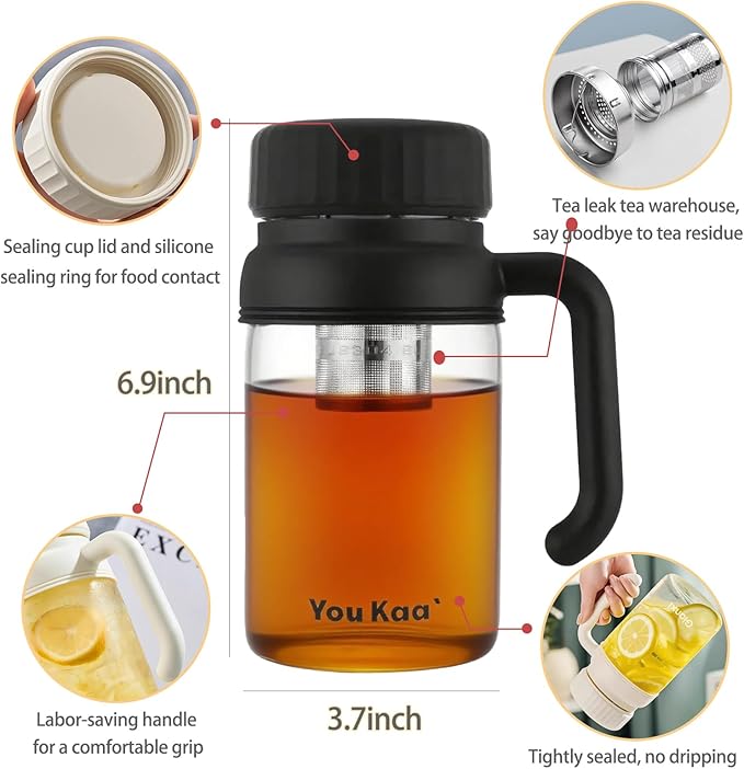 32oz Glass Water Bottle, Tea Bottle with Infuser & Handle, BPA-Free Leakproof Wide Mouth Large Tea Infuser Bottle for Hot or Cold Drinks, Loose Tea, Fruit (Black)
