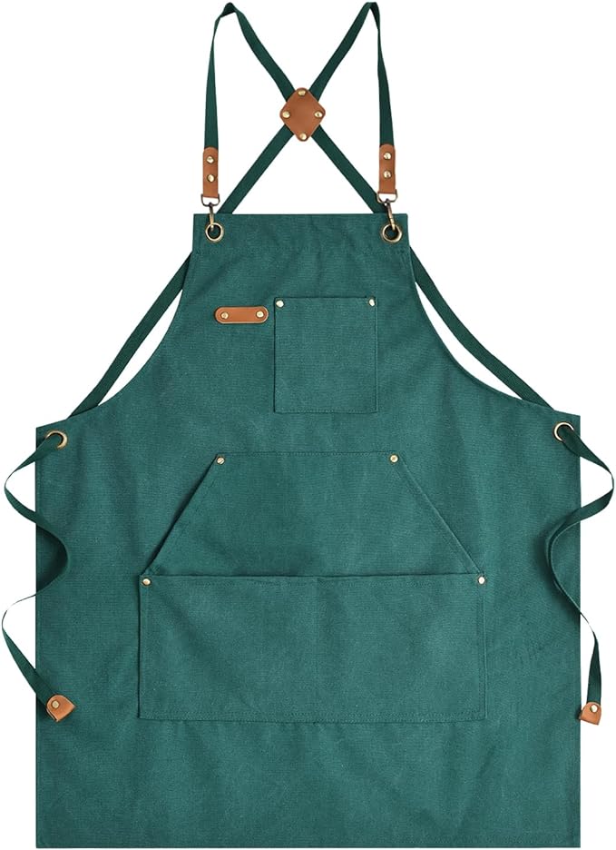 Canvas Aprons for Men Chef Apron, Work Apron with Large Pockets - 16oz Heavy Duty Cross Back, BBQ, Cooking