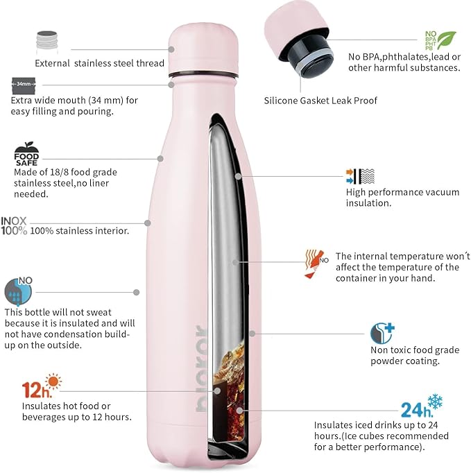 BJPKPK Stainless Steel Water Bottles 17oz Insulated Water Bottle Keep Cold And Hot,Sakura Pink