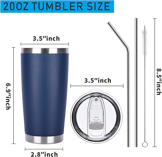Pandance 20oz Stainless Steel Insulated Tumblers with Lid and Straw Bulk, Double Wall Vacuum Water Cups for Hot & Iced Coffee Drinks Travel Mug (Navy Blue, 8 pack)