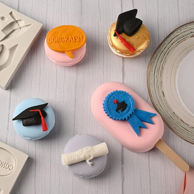 Sakolla Graduation Fondant Molds Silicone Doctoral Cap Diploma Chocolate Candy Molds Congrats Grad Congratulations Mould Cake Toppers Party Decorations for 2025 Graduation Celebration