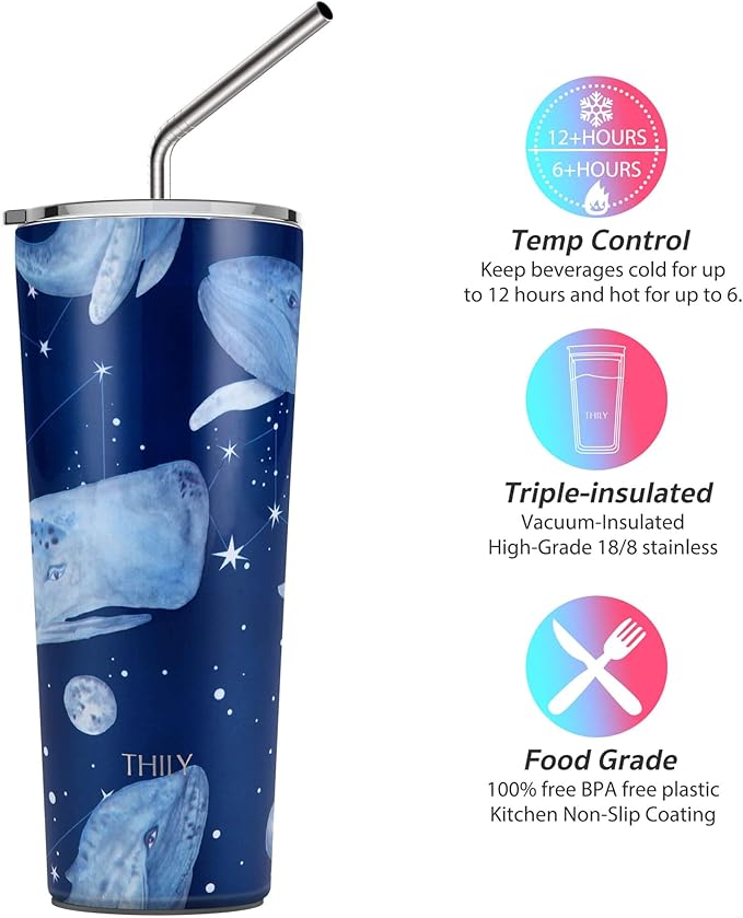 THILY Stainless Steel Vacuum Insulated Tumbler 26 oz Triple-Insulated Travel Mug with Splash-Proof Lid, Reusable, for Iced Water and Hot Beverage, Fantasy Whale