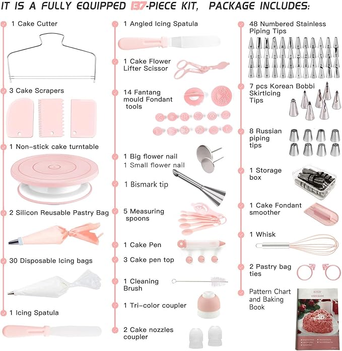 Cake Decorating Kit,137pcs Cake Decorating Supplies with Cake Turntable for Decorating,Pastry Piping Bag,Russian Piping Tips Baking Tools, Cake Baking Supplies for Beginners(Light Pink)