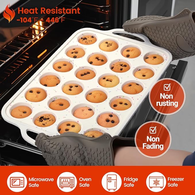 CAKETIME Mini Muffin Pan,Metal Reinforced Frame Silicone Cupcake Pan，Easy To Handle Nonstick 24 Cups Small Muffin Pan, White
