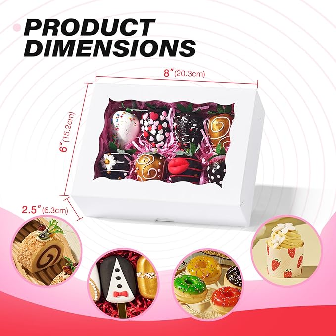 8PCS White Bakery Boxes with Window, 8x6x2.5 Inch Gift-Ready Pastry Box for Chocolate Strawberries, Macarons, Donuts, Truffles, Ores, Cookies, Donuts, Perfect for Different Holiday Celebrate