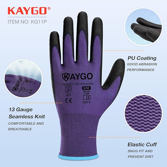 KAYGO Safety Work Gloves PU Coated,12 Pairs KG11PB Seamless Knit Glove for Men and Women, with Smooth Grip on Palm and Fingers, Ideal for General Duty Work (Small, Purple)