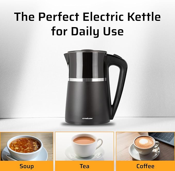 Epsilon Double Wall Electric Kettle 1500W – 1.7L Hot Water Tea Kettle & Hot Water Boiler with Auto Shut-Off, Boil Dry Protection, BPA-Free Stainless Steel Electric Teapot Fast Boil, Cool Touch Design
