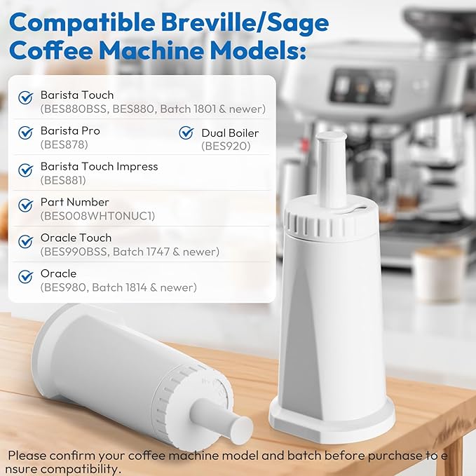 6 Pack Replacement Water Filter for Breville Espresso Machine Barista Pro BES878, Barista Touch Bes880, Oracle Touch BES990, Oracle BES980, Dual Boiler BES920 Bambino ClaroSwiss Sage, BES008WHT0NUC1