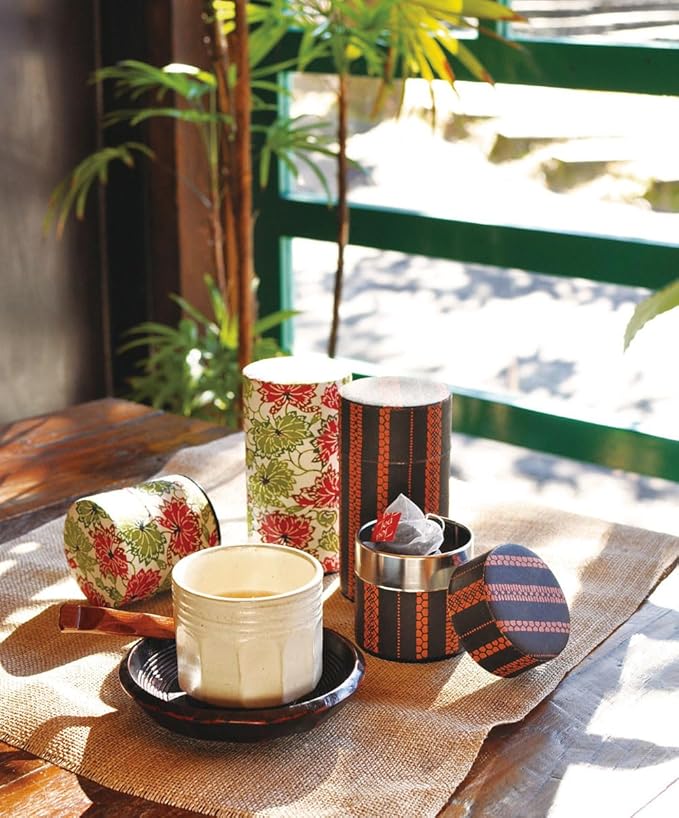 Japanese Pokkan Coffee Spice Tea Tin Canister Washi Paper Storage with Lid 7.05 oz Capacity (Han)