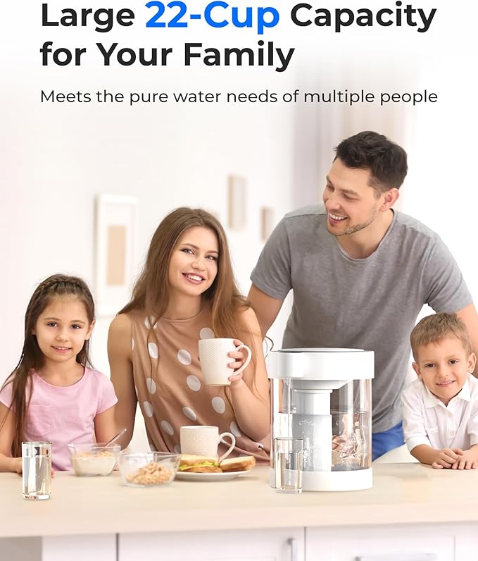 Waterdrop 0 TDS Glass Rechargeable Water Filter Dispenser, 4-Stage Zero TDS Electric Instant Pitcher, Reduce Chlorine, Lead, Copper, Large 22-Cup Countertop Water Filtration System, with 1 Filter