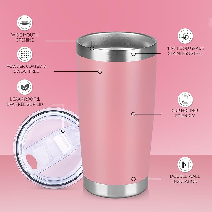 20 oz Tumbler Stainless Steel Tumblers Bulk with Lid Double Wall Insulated Coffee Tumbler Cups for Hot & Cold Drinks Powder Coated Travel Coffee Tumbler Mug Metal (Rose Pink, 6 pack)