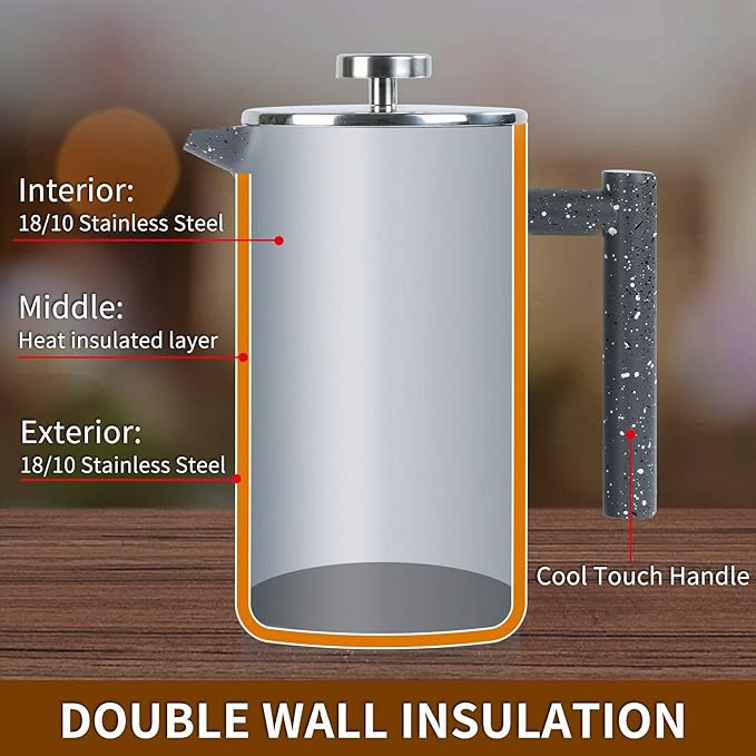 French Press Coffee Maker 34oz with Double-Insulated Stainless Steel Large Metal Coffee Press with 3 Layer Filtration System for Ultimate Coffee Tea Brewing in Travel Camping or Home
