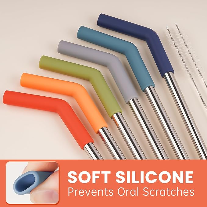 Tomorotec 6-Pack Reusable Stainless-Steel Straws with Silicone Tips, 3 Sizes Compatible with Stanley Tumblers 40OZ 30OZ 20OZ 14OZ, Dishwasher Safe, Includes 2 Cleaning Brushes (Dark Rainbow)