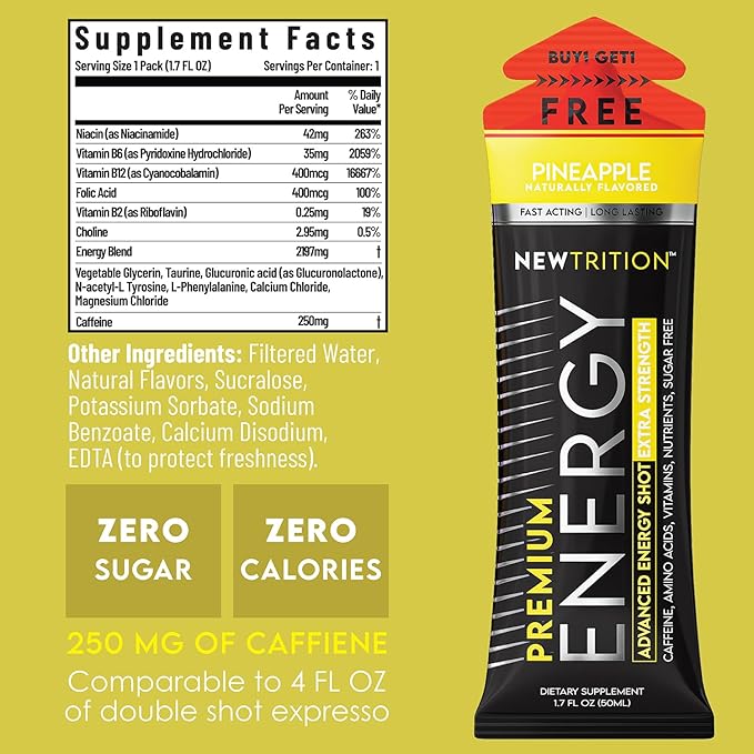 NewTrition® Extra Strength Energy Shots, Pineapple 1.7 fl oz (Pack of 24) | 250mg Caffeine Energy Drinks with Vitamin B & Amino Acids, Sugar-Free - Zero Calories Vitamin Energy Shots