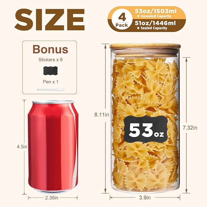 53oz Glass Food Storage Jars, Glass Jars with Bamboo Lids, Kitchen Storage Jars, Set of 4, Canisters with Airtight Lids for Spice, Coffee, Cookie, Pantry Organizers