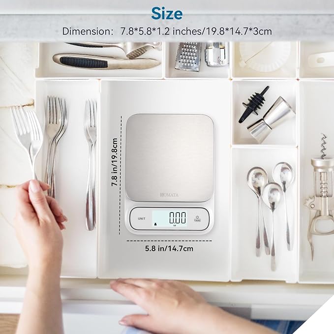 BOMATA Waterproof IPX6 Kitchen Scale, 0.1 g/0.01 oz High Precision, 5 kg/11 lbs, Digital Scale with Backlight, Stainless Steel Weighing Platform, for Food, Cooking, Baking, Weight Loss.. B619, White