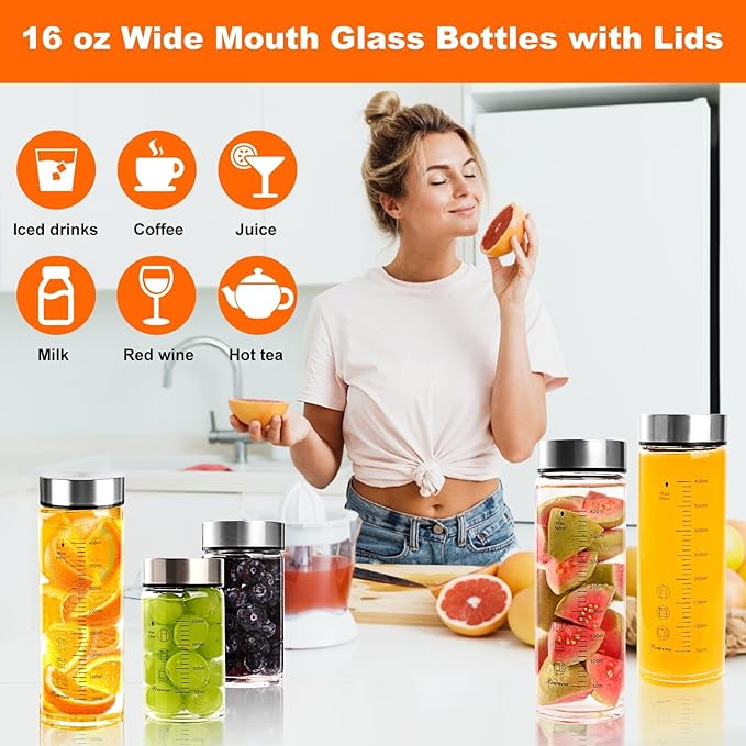 Glass Juice Bottles 4 Pack 10 oz - Wide Mouth Glass Water Bottles with Lids - for Juicing, Protein, Smoothie, Milk, Reusable, BPA Free, Stainless Steel Lids, Blender, Shaker Bottle (10oz/300ml)