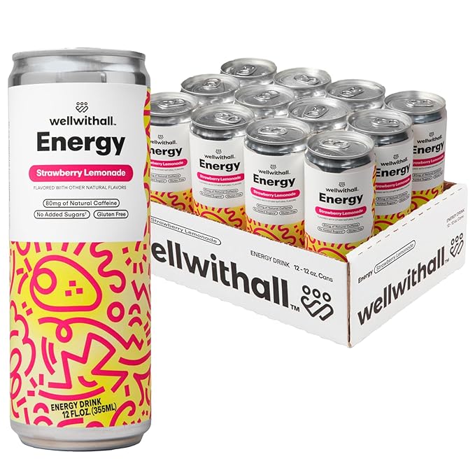 WellWithAll Energy Drink - Natural Caffeine from Tea - Healthy Energy Drink - Lightly Sparkling - Blend of Fruit and Veggie Juices - 12 Oz (Pack of 12) (12 Fl Oz (Pack of 12), Strawberry Lemonade)