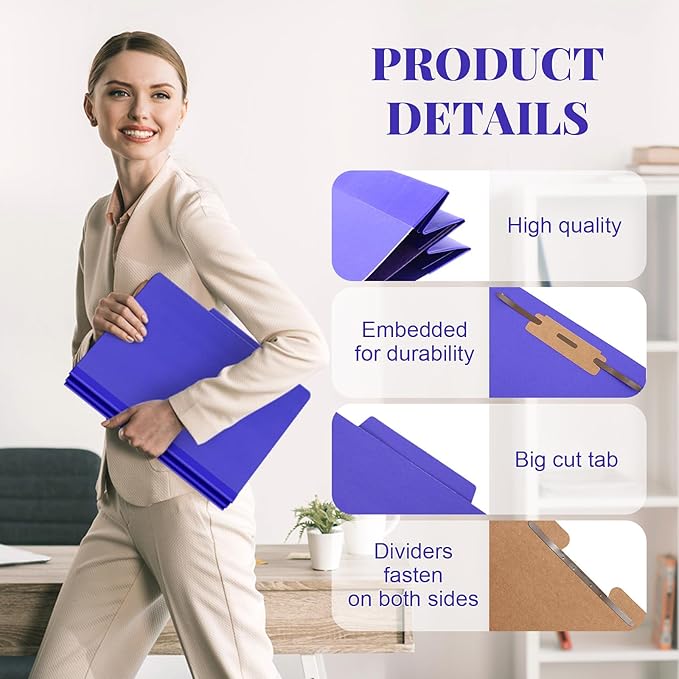 24 Pcs Classification Folders Letter Size, Back to School Supply for Teacher, Student, 1 Divider Pressboard File Folder Bulk with 2 Fasteners, 3.5 Inch Expanding File Organizer (Purple)