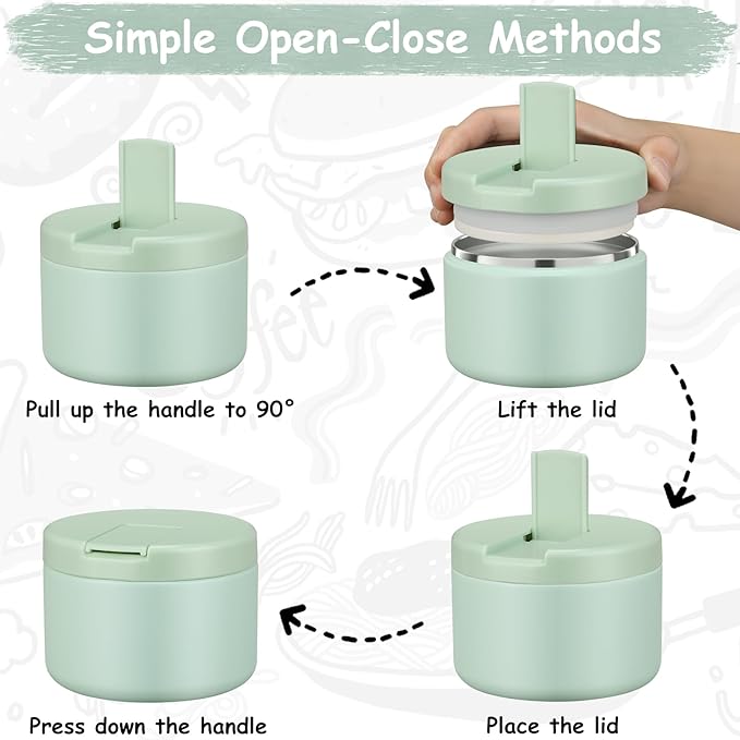 12oz Insulated Vacuum Food Jar with Buckle Lid Wide Mouth Soup Thermo for Hot Food Kids Leakproof Stainless Steel Lunch Container (Mint, 12OZ)