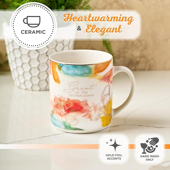 Christian Art Gifts Pastel Floral Ceramic Coffee Mug – 14 oz. Lead and Cadmium-free, Non-Toxic Inspirational Scripture Coffee and Tea Mug for Women with Encouraging Words: Great is Thy Faithfulness
