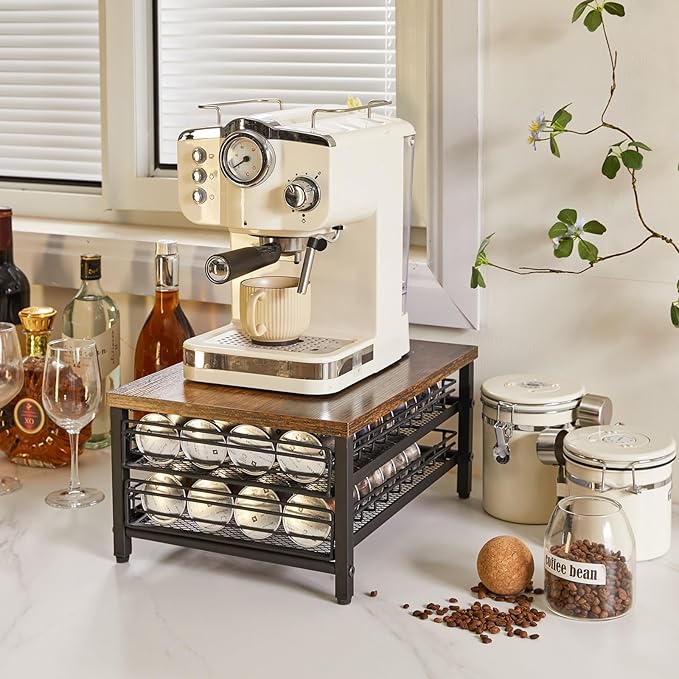 IBUYKE 2-Tie Coffee Pod Drawer Holder,80 Capsule Pods,Compatible for Nespresso Vertuo Pods,Wooden Top and Mesh Shelves,Home Kitchen Counter Coffee Bar Organizer, Rustic Brown,TCJ102H