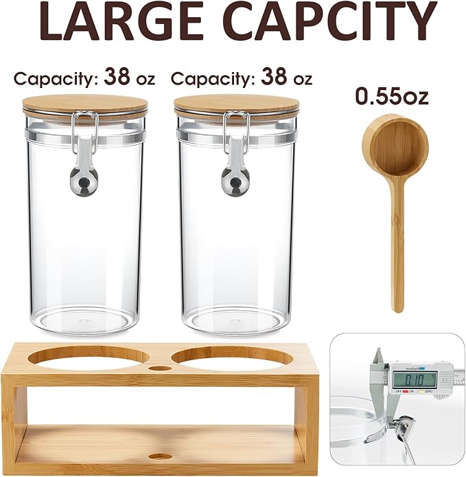 Yangbaga 2Pcs Coffee Sugar Canisters with Shelf, 38OZ Plastics Storage Containers for Ground Coffee Bean Storage with Lid Airtight Locking Clamp and Coffee Scoop, Food Storage Jar for Kitchen