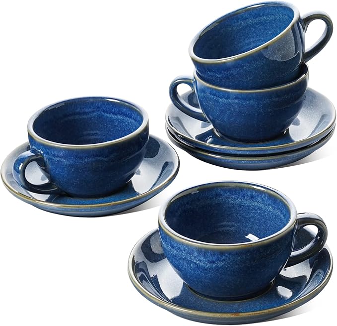LE TAUCI 8 oz Cappuccino Cups with Saucers, Ceramic Large Coffee Cup for Au Lait, Double shot, Latte, Cafe Mocha, Tea - Set of 4, Ceylon Blue